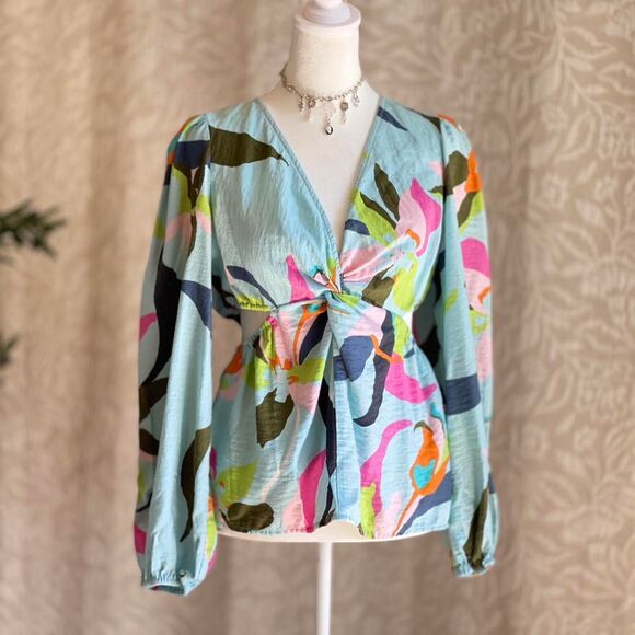 A New Day Indie Boho Multicolor Colorful Cutout Long Sleeve Blouse Festival Sz S - Picture 1 of 8